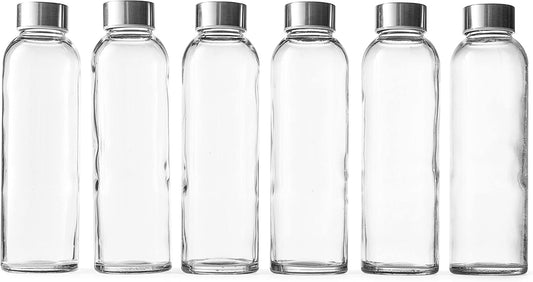 Epica 18-Oz. Glass Water Bottles with Lids, Juice Bottles - BPA Free & Eco-Friendly Reusable Refillable Bottles for Juicing, Set of 6 - Clear