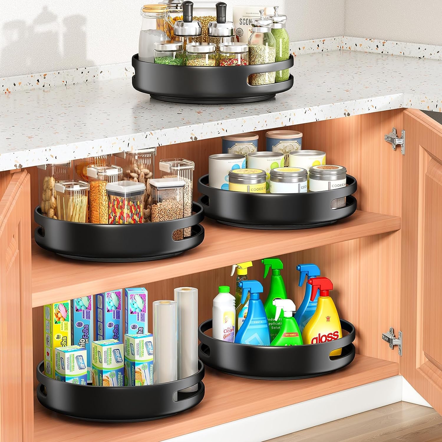 Lazy Susan Turntable Organizer Rotating Spice Rack - 10 Inch Metal Lazy Susan Rack for Cabinet, Kitchen Organizers and Storage for Counter Refrigerator Pantry Cupboard, Black