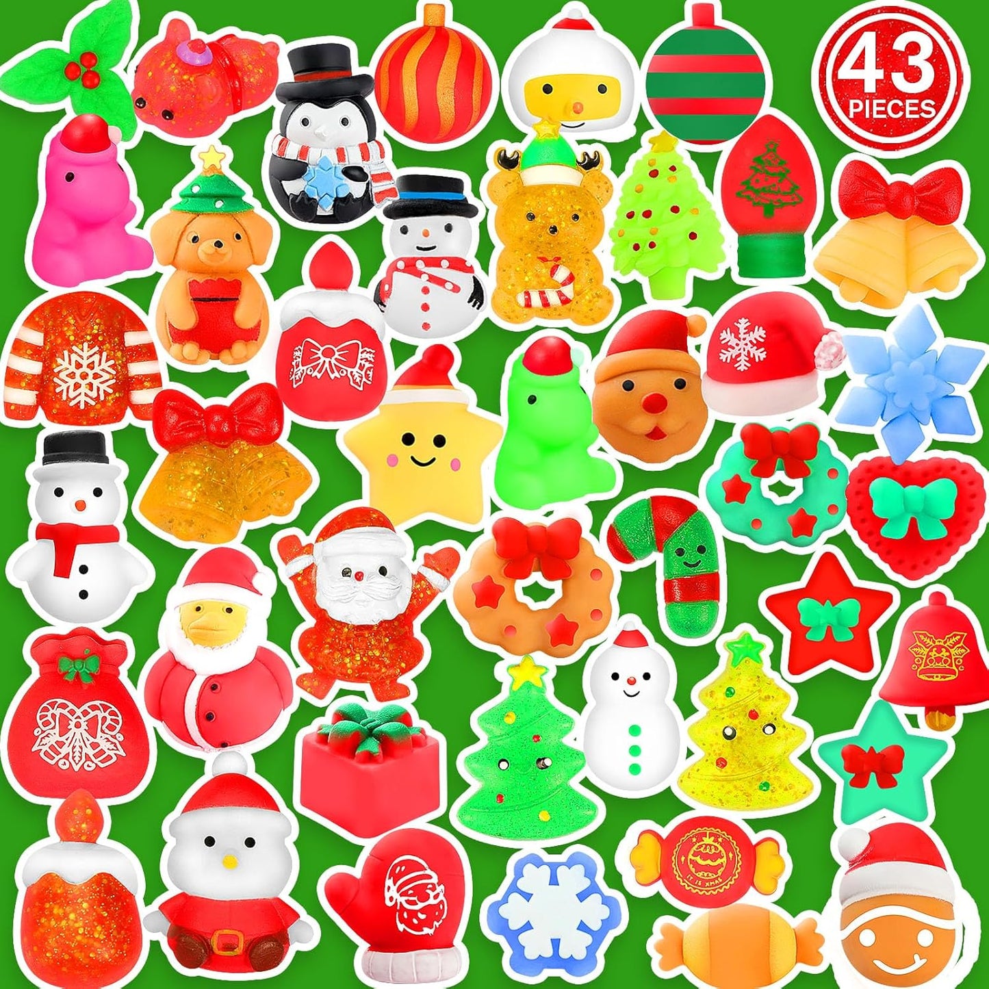Christmas Party Favors, 43 Pcs Mochi Squishy Toys Squishies for Kids, Stress Relief Toys for Christmas Goodie Bags Treats Decorations Classroom Prizes Birthday Gift Toys Pack