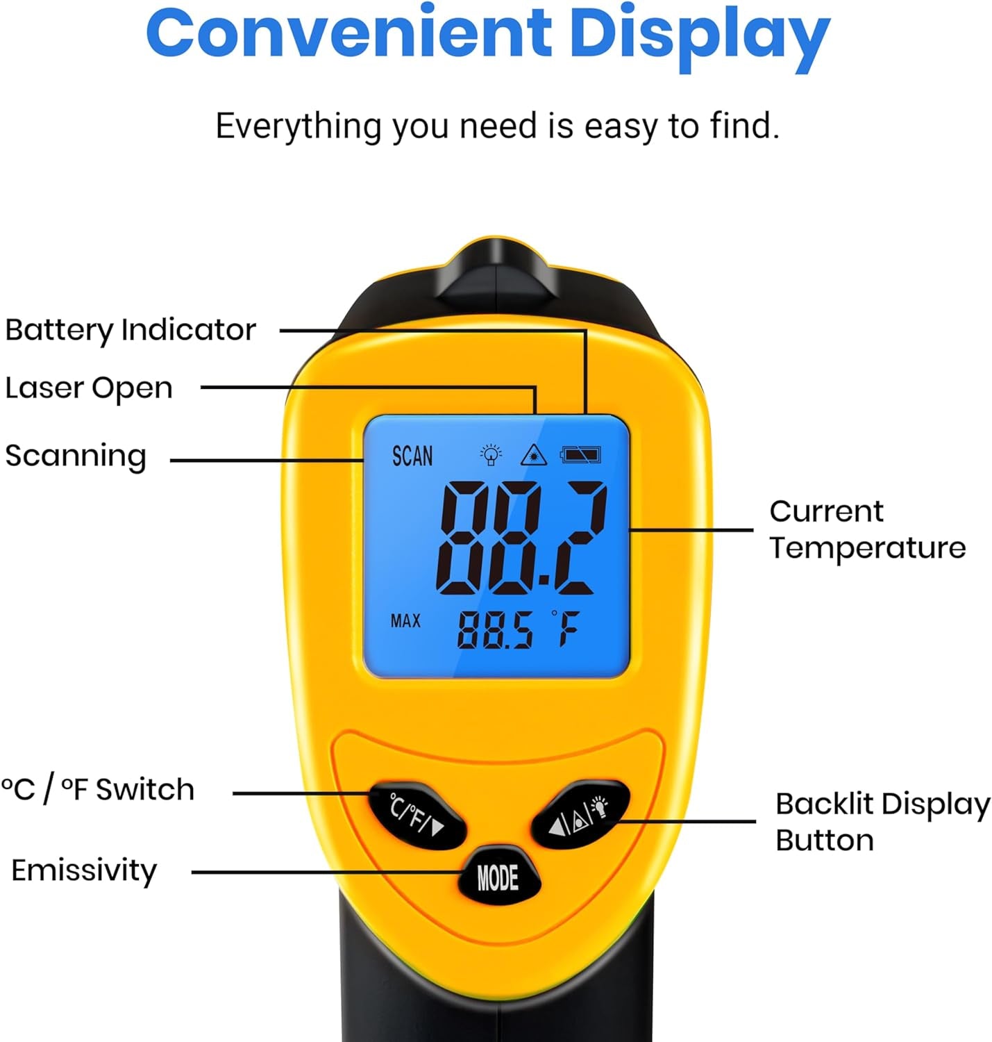 Etekcity Infrared Thermometer Temperature Gun for Pool Refrigerator, -58°F to 1130°F, Digital Heat Gun for Cooking Meat Pizza Oven, Laser Tool for Indoor Outdoor Candy, Griddle, Yellow