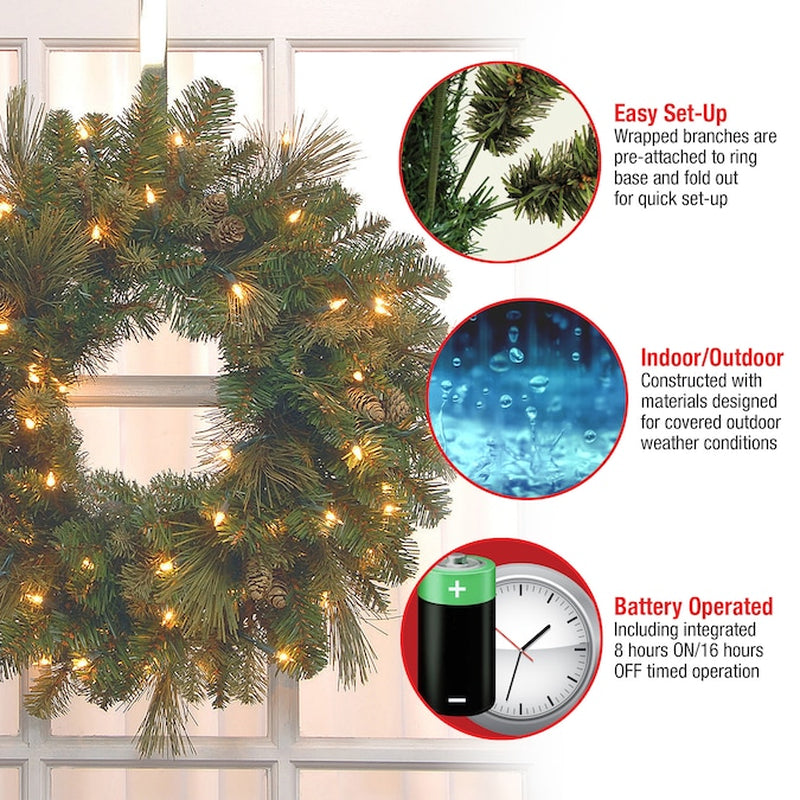 24-In Pre-Lit Indoor/Outdoor Battery-Operated Green Pine Artificial Christmas Wreath