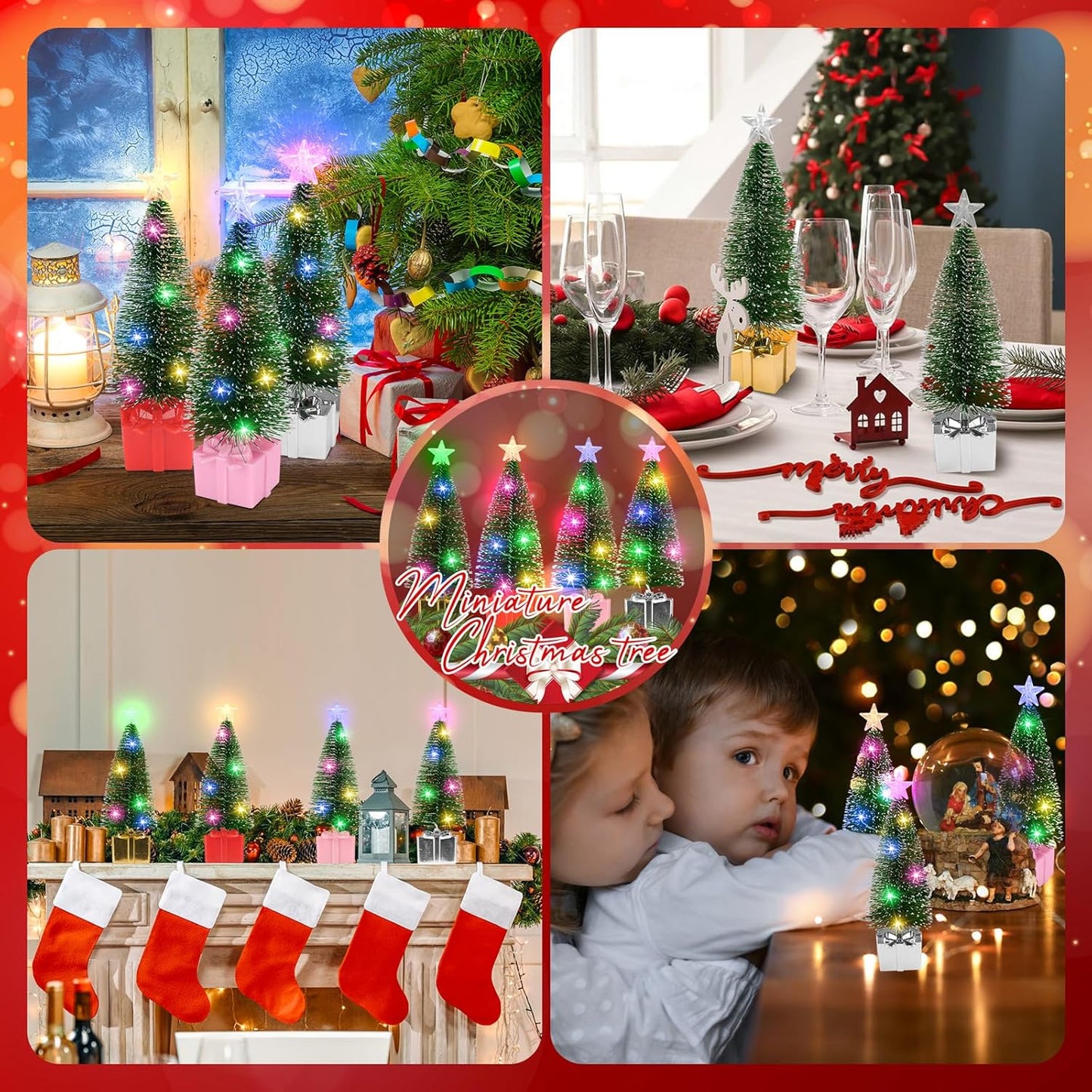 Mini Christmas Tree with Lights, 4 Pack Tabletop Christmas Tree with LED Lights for Indoor Christmas Decorations Holiday Party Ornagment, Christmas Centerpieces for Tables (4)