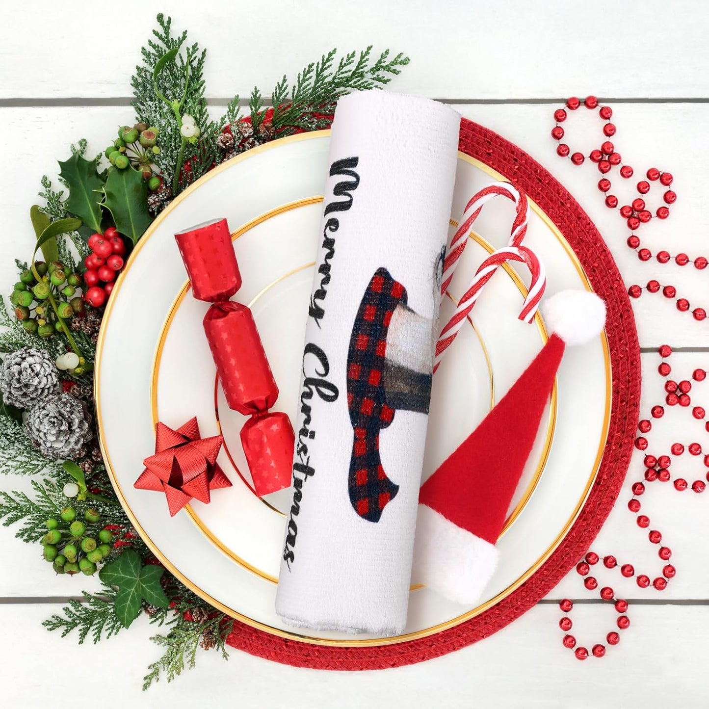 4 Pcs Christmas Kitchen Towels Christmas Hand Towels Dish Towels Xmas Tree Elk Towels Winter Holiday Absorbent Buffalo Plaid Tea Towels for Housewarming Gifts(Red and Black,Elk, Gnome)