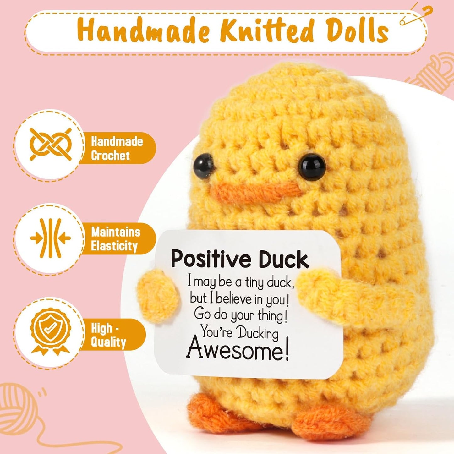 Inspirational Crochet Positive Duck – Handmade Emotional Cheer Support Funny Pickle Potato Gifts for Women Friend Men Coworker Birthday Christmas Stocking Stuffer White Elephant under 10 Dollars