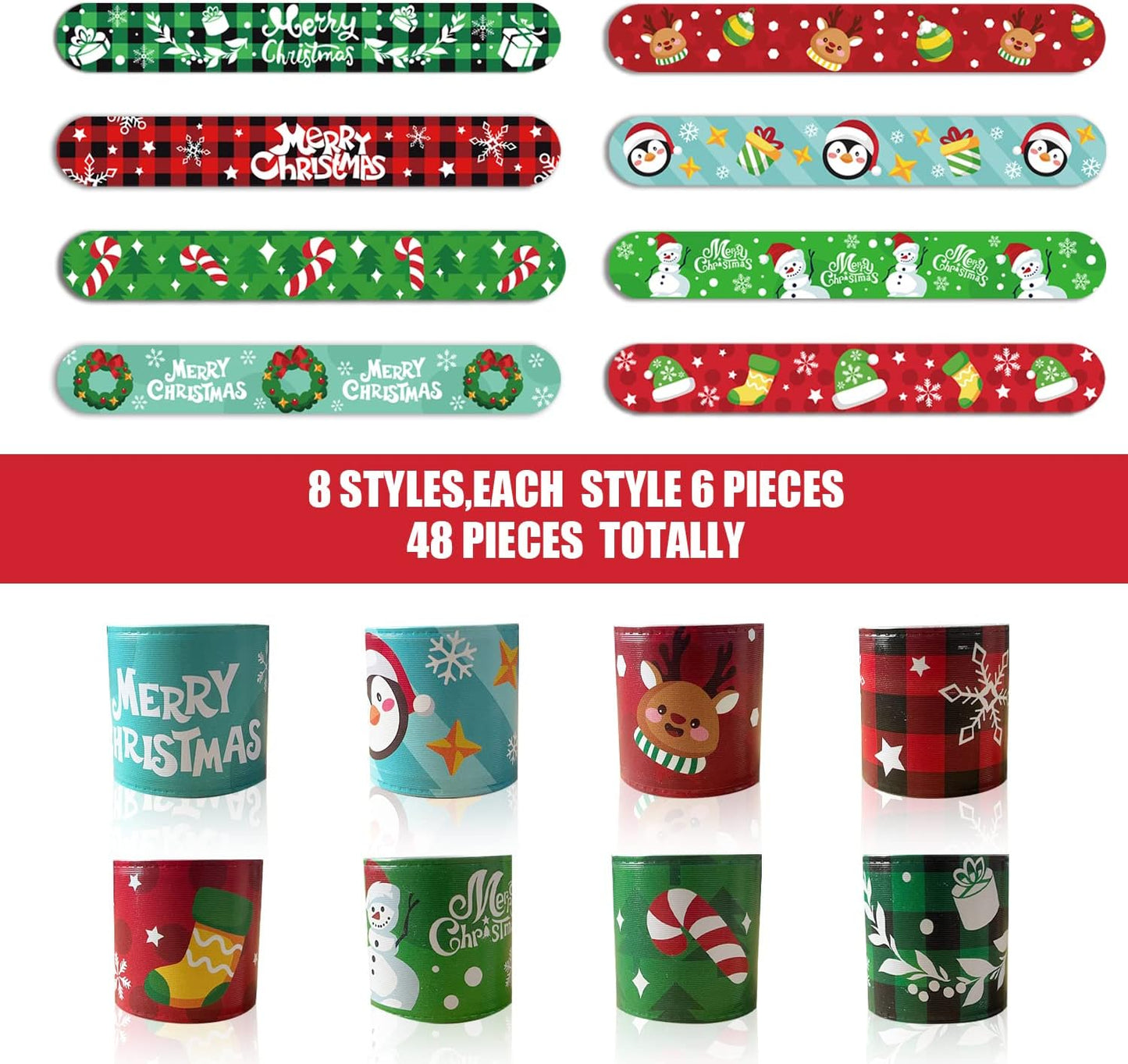 48Pcs Christmas Slap Bracelets,Xmas Slap Wristbands Assorted Christmas Theme Pattern Snap Wristbands for Kids Christmas Party Favors Gift Bag Filler