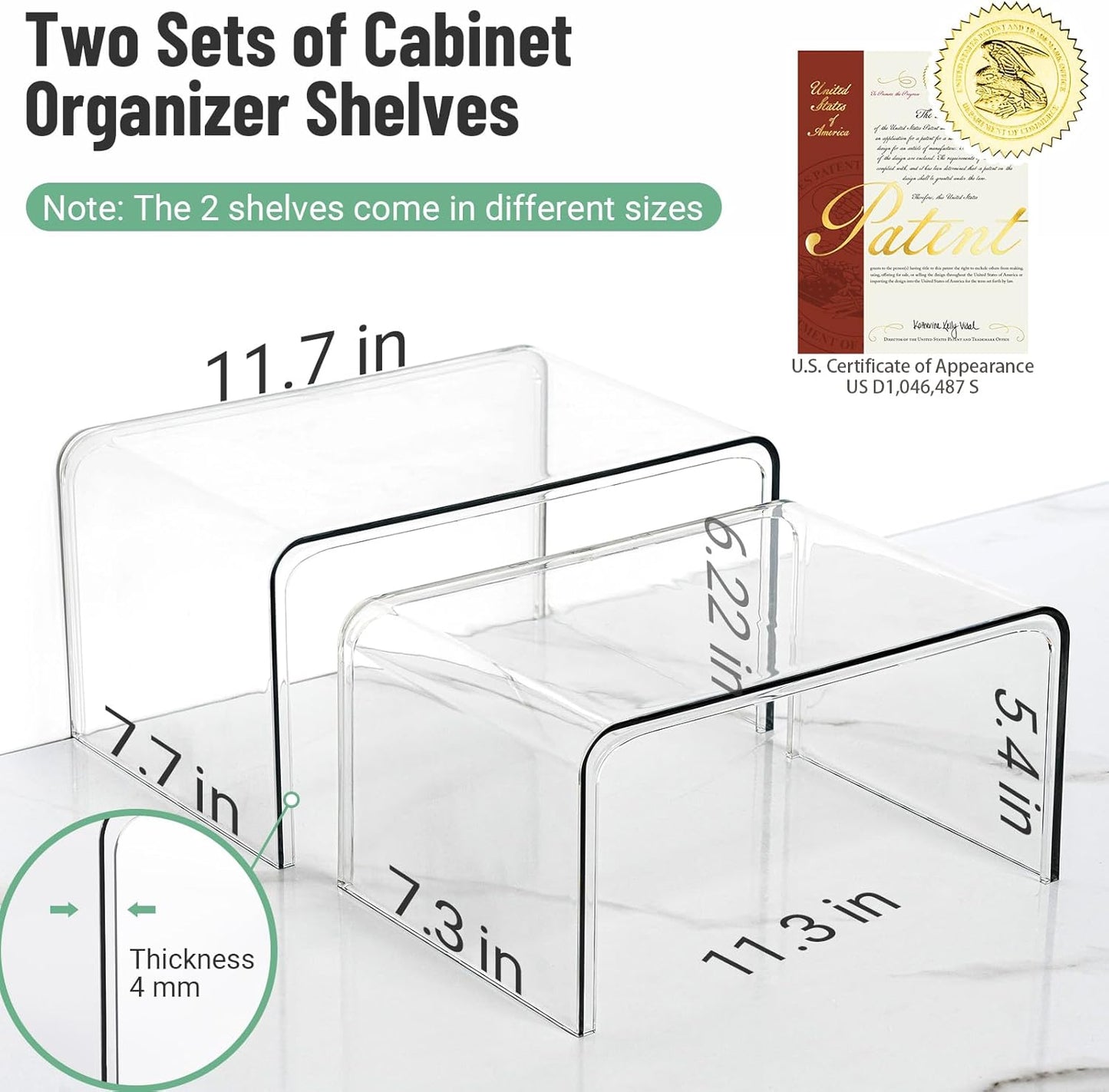 Clear Cabinet Organizer, Shelf Organizer Set of 2 for Kitchen Organizers and Storage, Display Pantry Cabinet Shelf Room Decor Countertop Desk Organizer Shelves, Patented Spice Organization for Cabinet