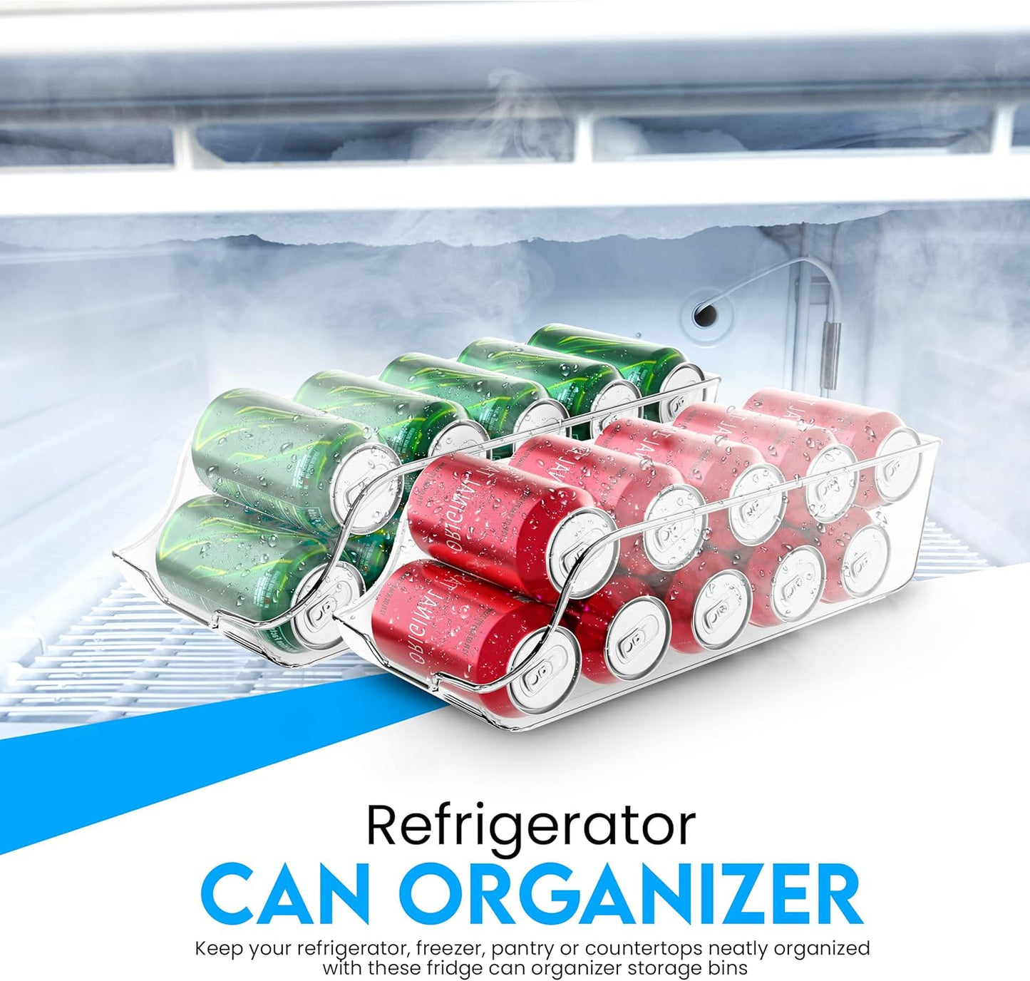 Clear Soda Can Organizer - Fridge Organizer Bins - Set of 4 Drink Organizer for Fridge or Countertop - Soda Can Dispenser for Refrigerator Organizing - Fridge Organization and Storage