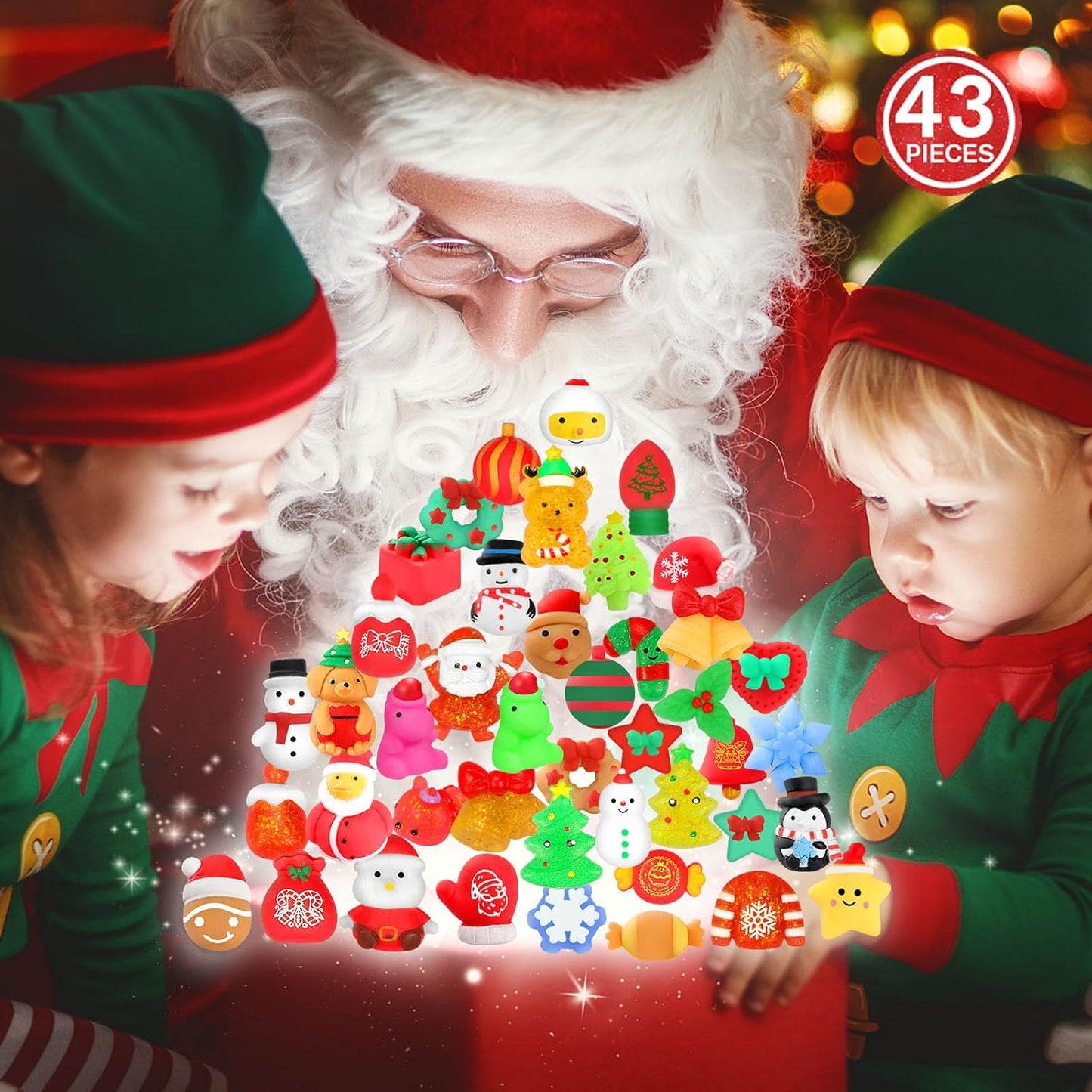 Christmas Party Favors, 43 Pcs Mochi Squishy Toys Squishies for Kids, Stress Relief Toys for Christmas Goodie Bags Treats Decorations Classroom Prizes Birthday Gift Toys Pack