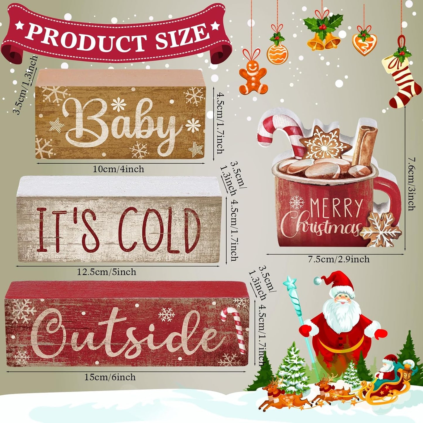 4 Pcs Wooden Christmas Tabletop Decor Christmas Cocoa Tiered Tray Decor Rustic Wood Hot Cocoa Block Sign Gift Merry Christmas Centerpiece Farmhouse Christmas Table Decor (Cocoa)