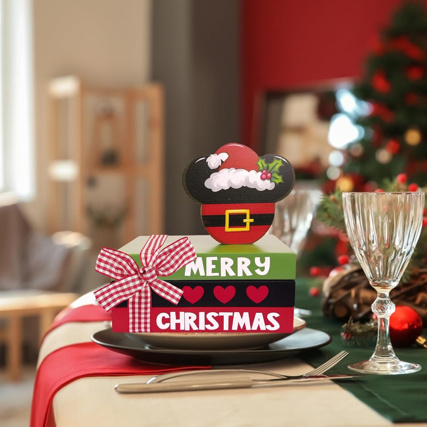 Merry Christmas Mini Wood Book Stacks, Xmas Santa Tiered Tray Decor, Funny Winter Holiday Decorative Wooden Sign, Farmhouse Rustic Shelf Table Home Decorations with Plaid Bow