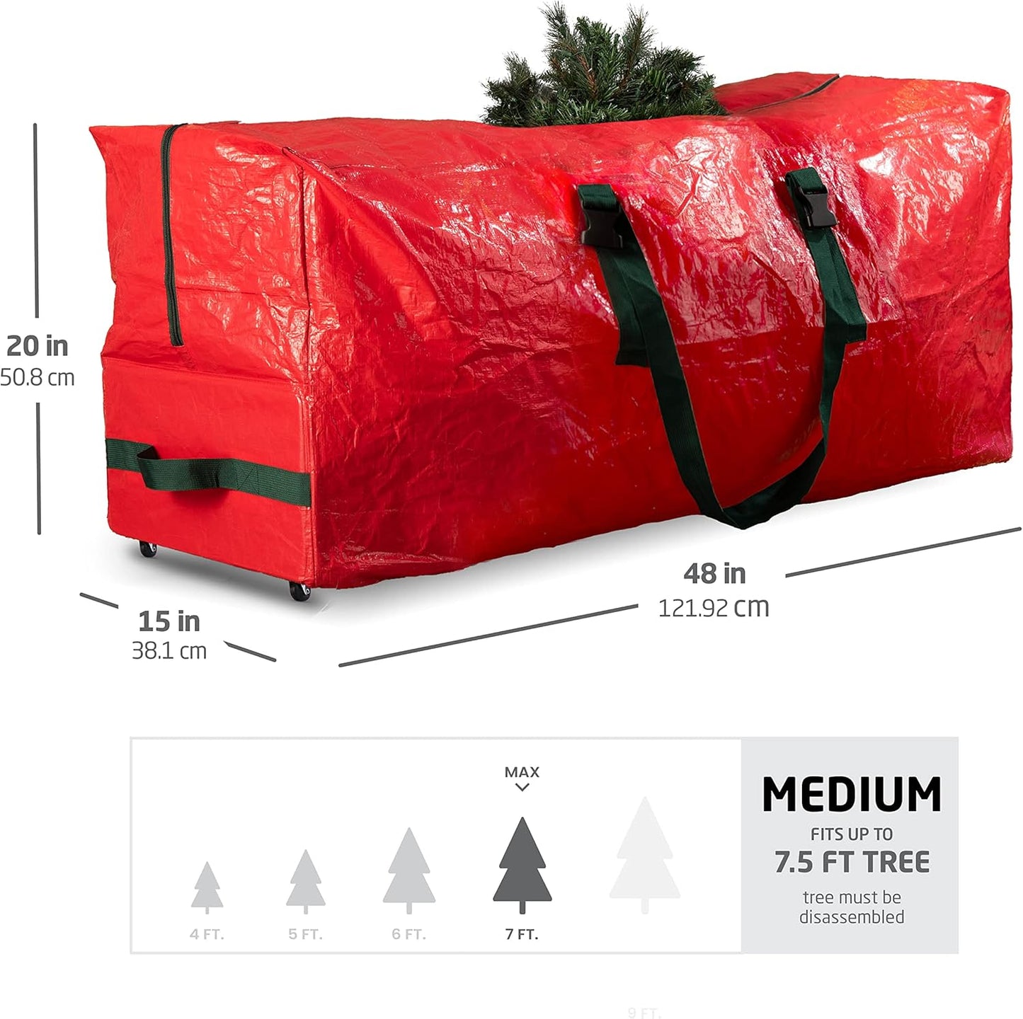 Christmas Tree Storage Bag 7.5 Ft - Rolling Christmas Tree Storage Box - Plastic, Durable Handles and Wheels - Medium Christmas Tree Bag - Red