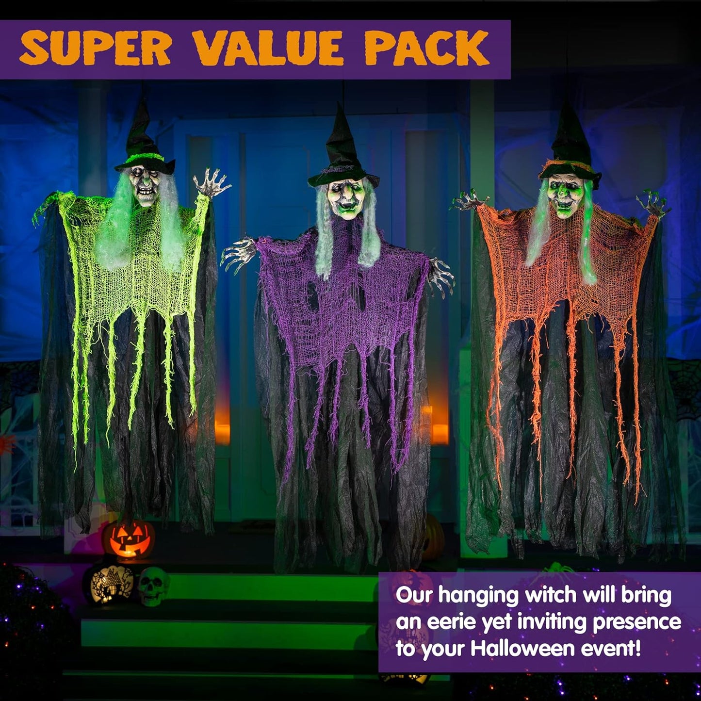 3 Pack 35.3" Hanging Witch with Bendable Arms, Halloween Indoor and Outdoor Decorations