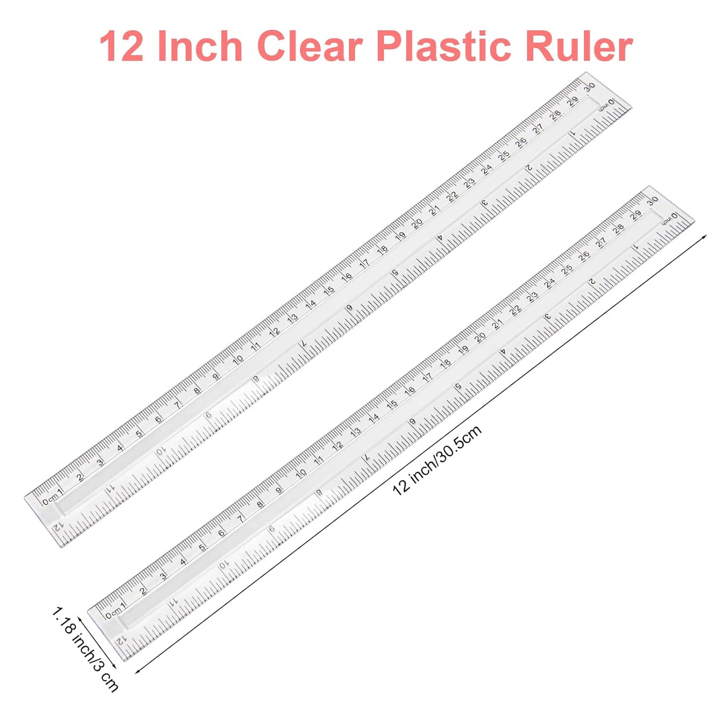 2 Pack 12 Inch Clear Plastic Ruler Straight Shatterproof Rulers Transparent Rulers for Office Supply Ruler (Clear)