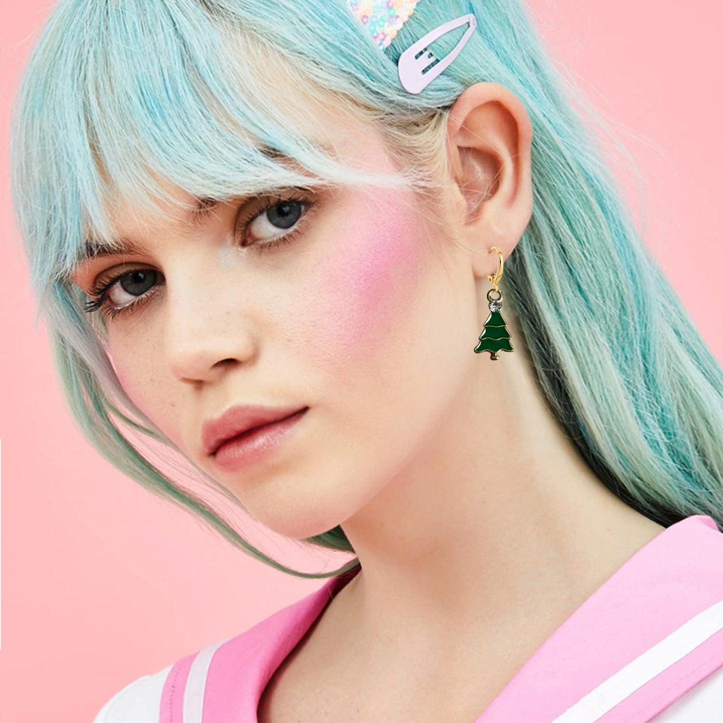 10 Pairs Christmas Hoop Huggie Earrings for Women Christmas Stud Earrings Christmas Trees Bells Snowflakes Earrings for Thanksgiving Xmas Holiday Jewelry