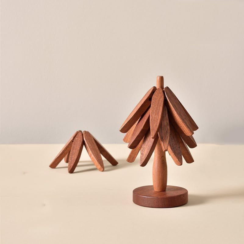 Tree Shape Trivet Set,Wooden Trivets for Hot Dishes Insulation Mat,Collapsible Coasters Trivets, Kitchen & Dining Decorations Item like a Christmas Tree - 4 Wooden Trivet + 1 Stand(Beech Wood) (Dark)