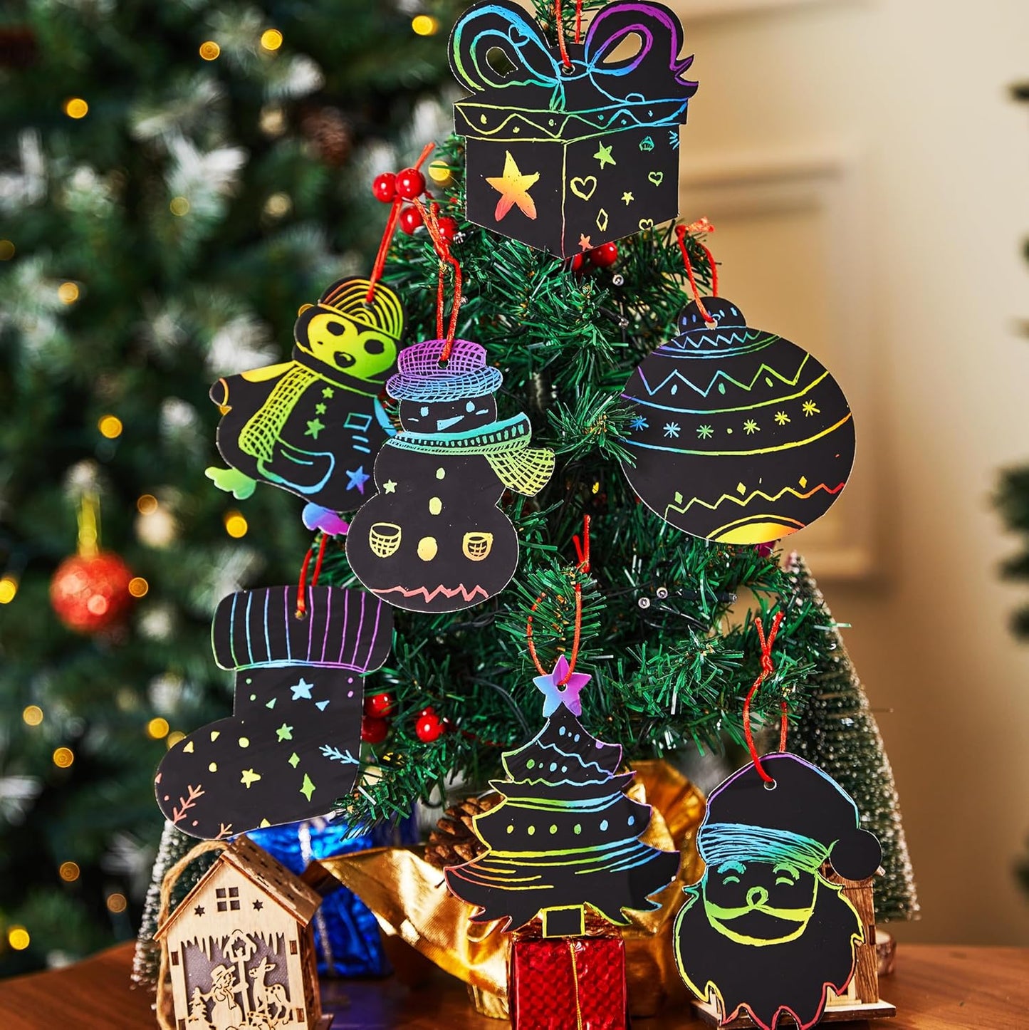 72 Pcs Christmas Scratch Art Ornaments, Rainbow Color Scratch Paper Craft Kit Include Snowman, Christmas Tree, and Reindeer, Scratch off Hanging Ornament for Kids Party Favor