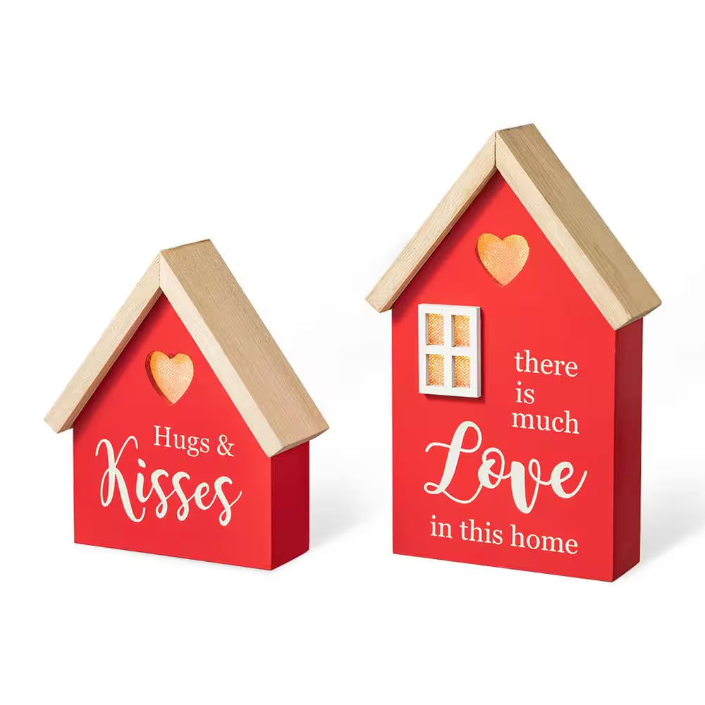 8.50 In. H Valentine'S Lighted Wooden House-Shaped Table Decor(Set of 2)