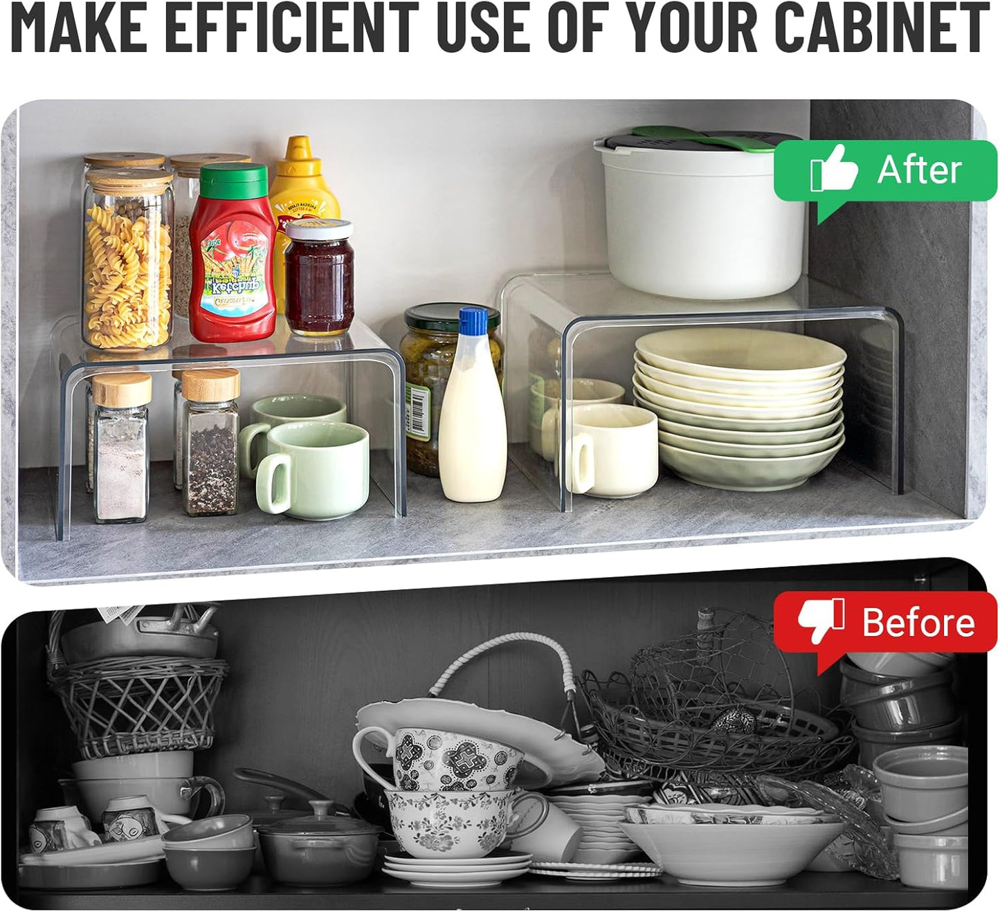 Clear Cabinet Organizer, Shelf Organizer Set of 2 for Kitchen Organizers and Storage, Display Pantry Cabinet Shelf Room Decor Countertop Desk Organizer Shelves, Patented Spice Organization for Cabinet
