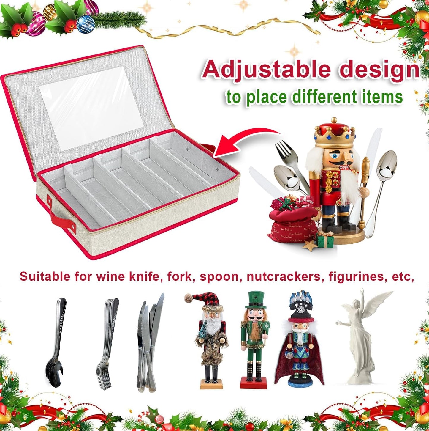 Christmas Nutcracker Storage Containers, Xmas Ornament Storage Box, Holiday Decoration Organizer with Adjustable Dividers, Each Holds 5 Holiday Figurines up to 10”- Nutcracker NOT Included