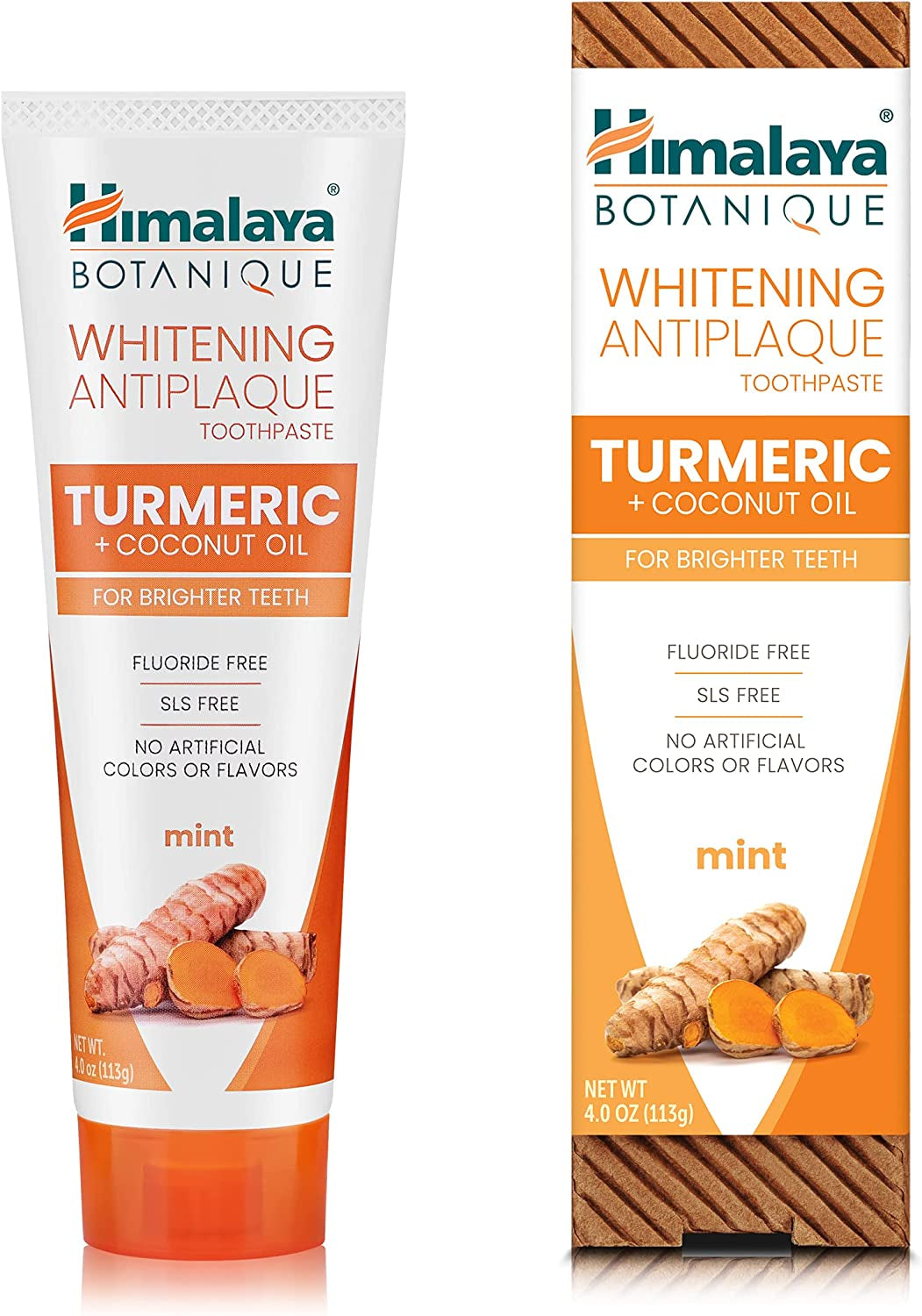 Botanique Turmeric & Coconut Oil Whitening Antiplaque Herbal Toothpaste, Whitens Teeth, Fluoride Free, No Artificial Flavors, SLS Free, Vegan, Cruelty Free, Foaming, Mint Flavor, 4 Oz, 2 Pack
