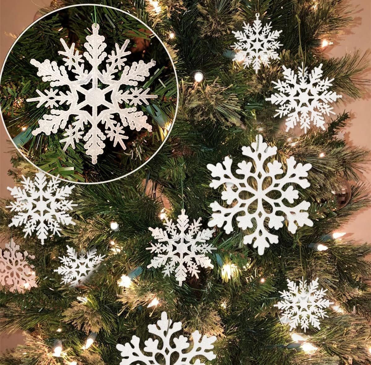 36Pcs Snowflakes-Christmas Tree Decorations, Snowflake Ornaments for Tree, Plastic Glitter White Snow Flakes Ornaments, Christmas Indoor Winter Wonderland Decor