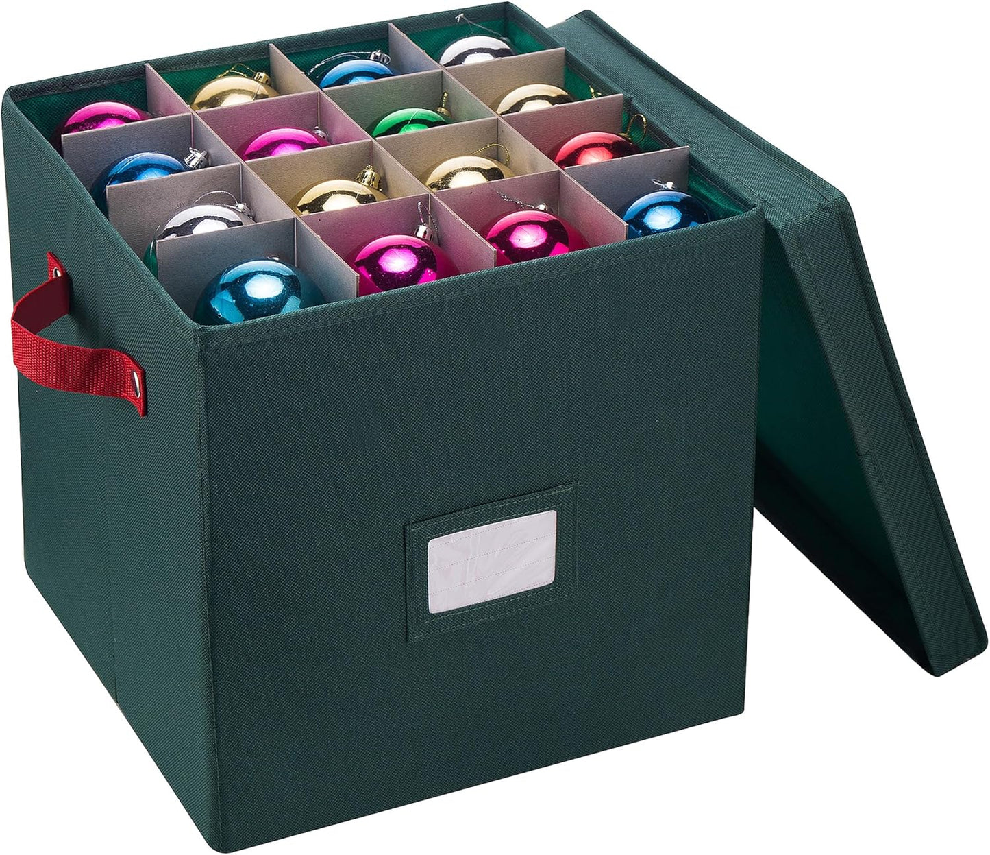 Storage Ornament Box - Holiday Organizer Cube with 64 Individual Compartments and Adjustable Dividers - for Christmas Decorations by (Green)