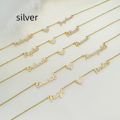 Customized DIY Diamond Inlaid Multi Name Necklace Stainless Steel Chain Heart Charming Choker Customized Necklace Jewelry