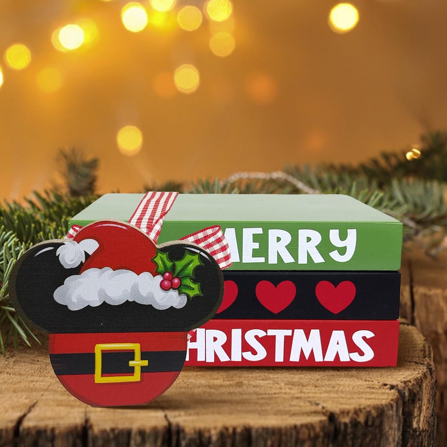 Merry Christmas Mini Wood Book Stacks, Xmas Santa Tiered Tray Decor, Funny Winter Holiday Decorative Wooden Sign, Farmhouse Rustic Shelf Table Home Decorations with Plaid Bow