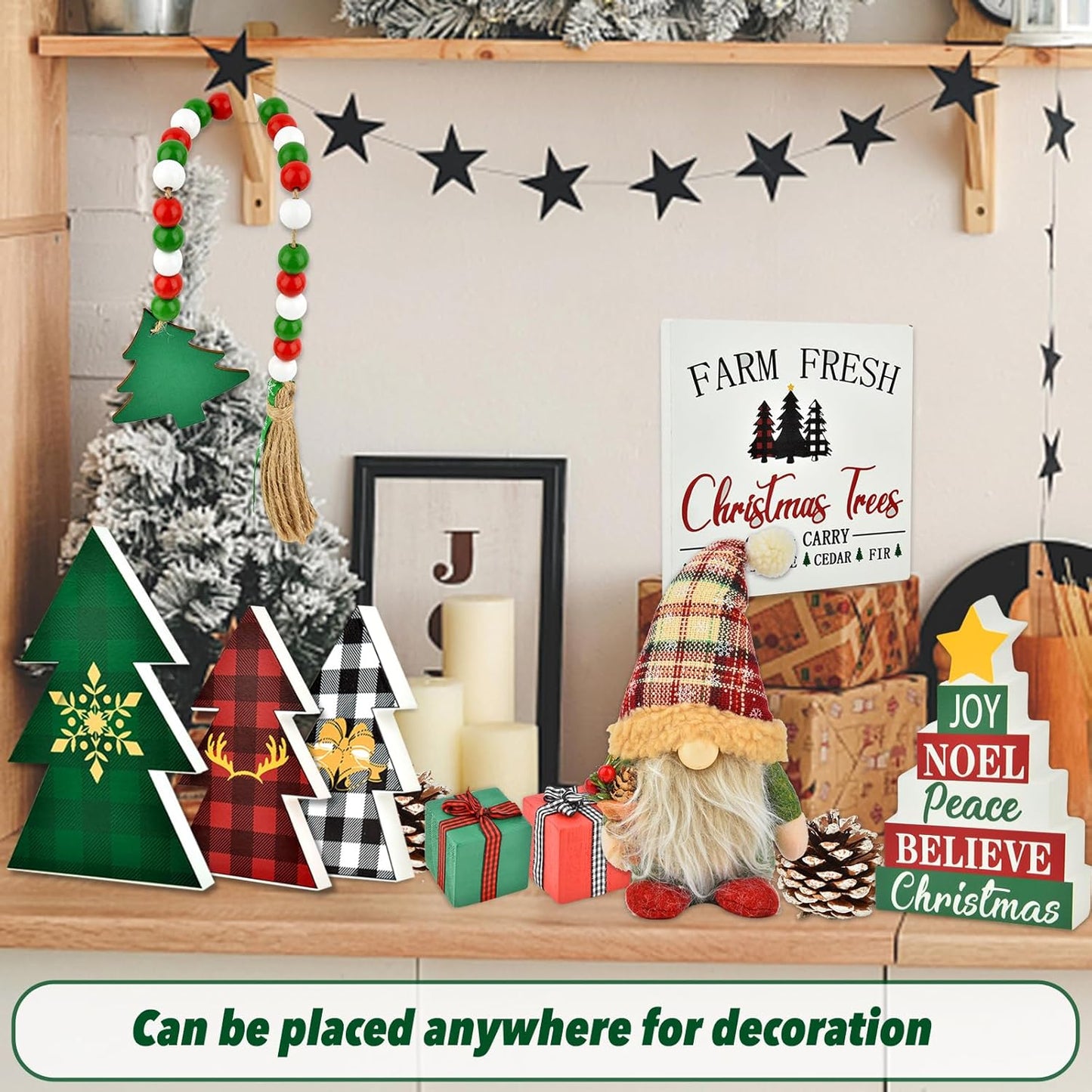 Christmas Tiered Tray Decorations Set - 11Pcs Tiered Tray Christmas Decor Set with Wooden Signs Gnome Plush Bead Garland, Farmhouse Tiered Tray Decor for House Room Table Holiday Party