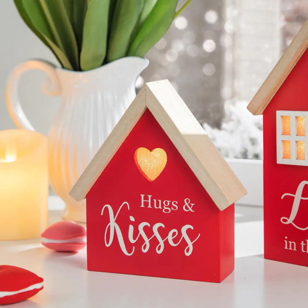 8.50 In. H Valentine'S Lighted Wooden House-Shaped Table Decor(Set of 2)