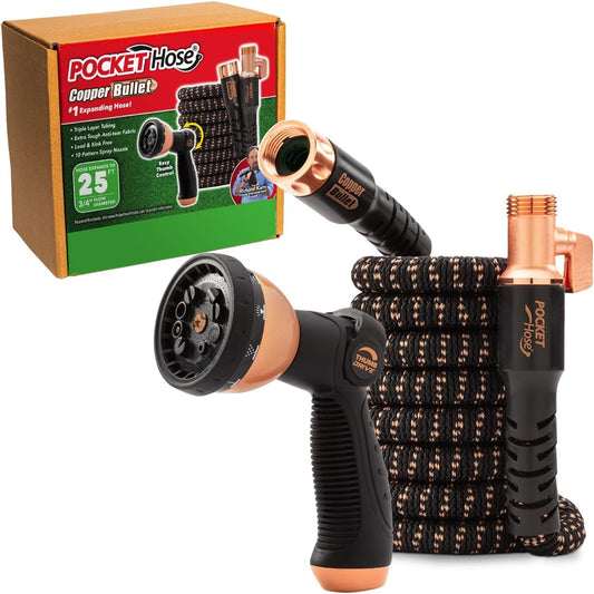 Pocket Hose Copper Bullet Expandable Garden Hose W/10 Pattern Thumb Spray Nozzle AS-SEEN-ON-TV 25 FT 650Psi 3/4 in Patented Lead-Free Ultra-Lightweight Solid Copper Anodized Aluminum Fittings No-Kink