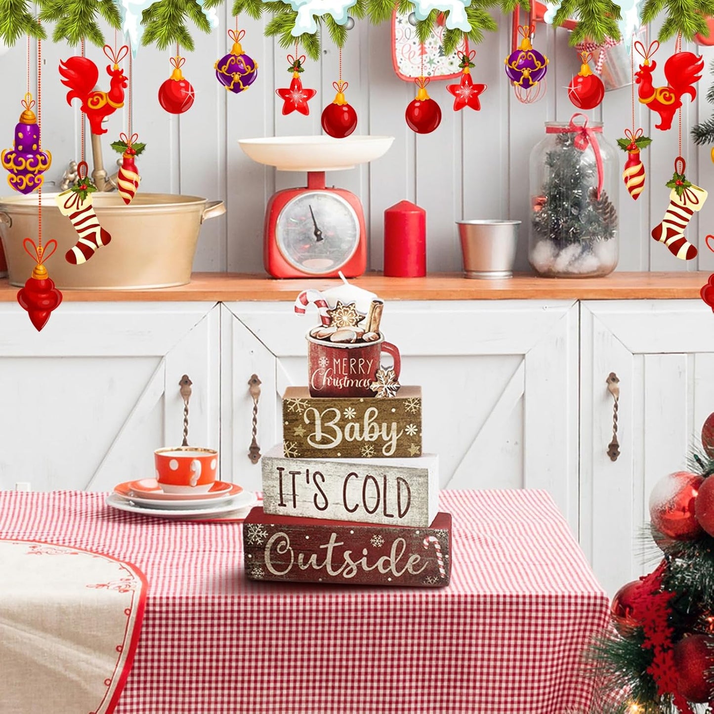 4 Pcs Wooden Christmas Tabletop Decor Christmas Cocoa Tiered Tray Decor Rustic Wood Hot Cocoa Block Sign Gift Merry Christmas Centerpiece Farmhouse Christmas Table Decor (Cocoa)