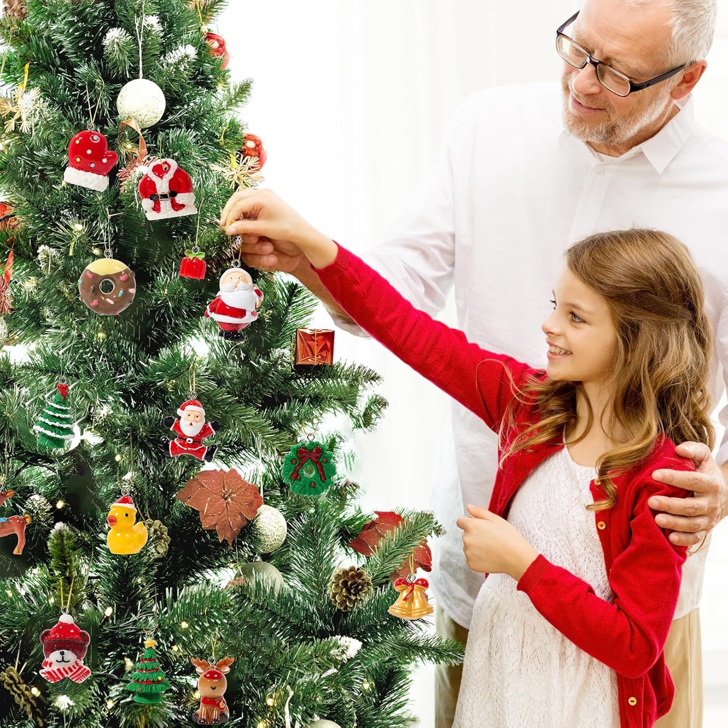 Mini Christmas Ornaments, Set of 24 Cute Miniature Resin Christmas Tree Ornament Figures Advent Calendar Fillers, Durable & Well-Crafted 3-D Figurines with Gold Loops for Easy Hanging