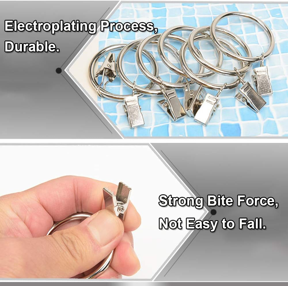 30-Pack Durable Iron Curtain Rings with Clips, 2.5-Inch Diameter, Rustproof Decorative Drapery Hooks - Vintage Silver Finish