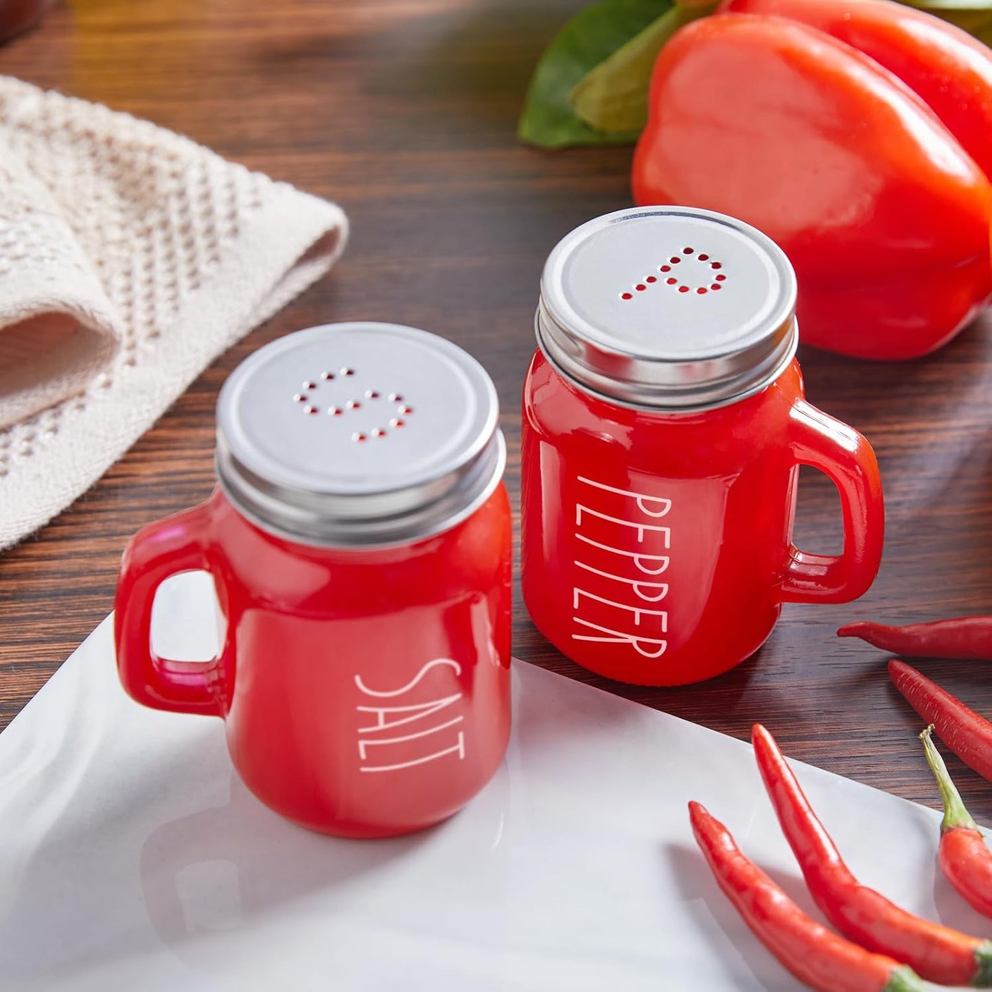 Red Salt and Pepper Shakers Set, 4 Oz Cute Modern Glass Christmas Red Shaker Sets with Stainless Steel Lids, Red Kitchen Decor and Accessories for Home Restaurants Weddings