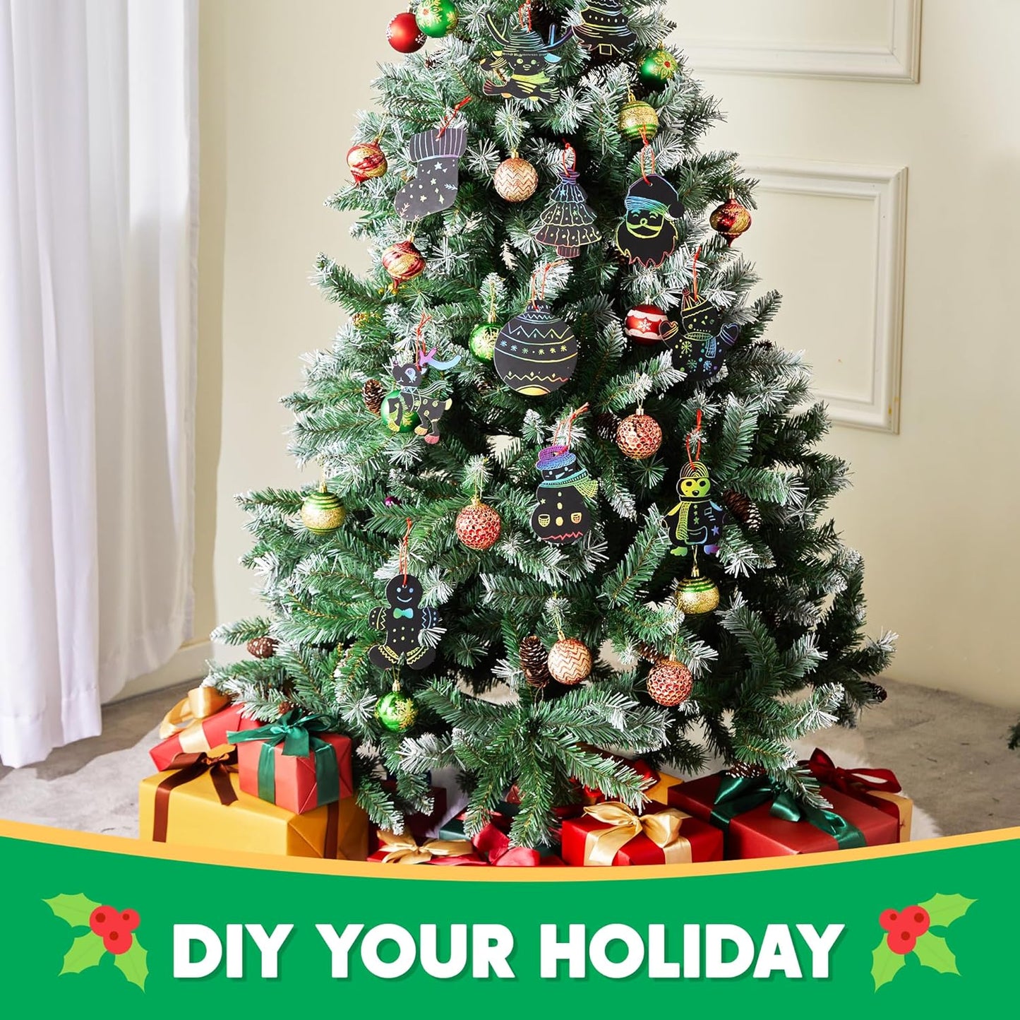 72 Pcs Christmas Scratch Art Ornaments, Rainbow Color Scratch Paper Craft Kit Include Snowman, Christmas Tree, and Reindeer, Scratch off Hanging Ornament for Kids Party Favor