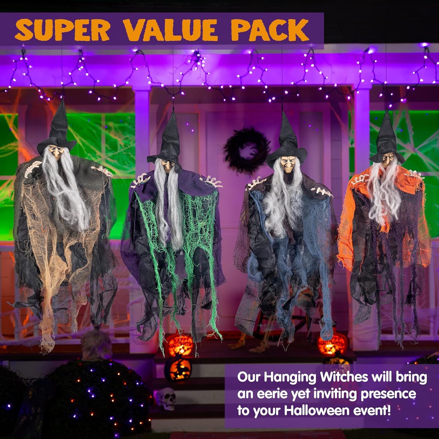4 Pcs 19.6” Witch Halloween Decorations Outdoor Indoor Halloween Witch Decor Hanging Flying Witch Haunted House Large Cute Witch Lawn Garden Yard