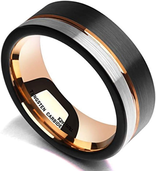 King Will LOOP Mens Women Tungsten Carbide Wedding Band 6Mm/8Mm Rose Gold Line Ring Black Silver Blue Brushed Gold Groove Tungsten Rings Comfort Fit