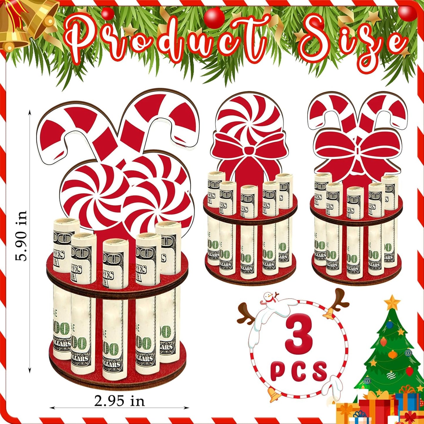 3 Pcs Wooden Christmas Money Holder for Cash Gift with 10 Holes Candy Color Money Holder for Placing Money Red and White Money Holder Xmas Table Decorations
