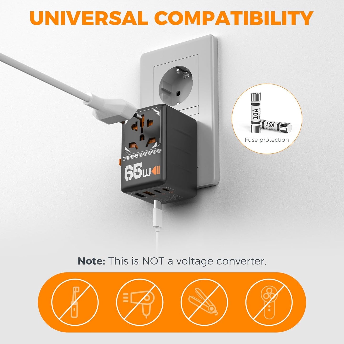 TESSAN Universal Travel Adapter, Gan 65W International Plug Adaptor with 4 USB(2 USB C) Charging Ports, Worldwide Power Outlet for US to European EU UK AUS Ireland(Type C/G/A/I)