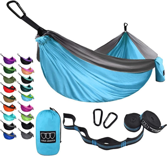 Gold Armour Camping Hammock - Portable Hammock Single Hammock Camping Accessories Gear for Outdoor Indoor Adult Kids, USA Based Brand (Light Blue & Grey)