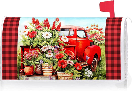 Texupday Flower Blooms Red Truck Mailbox Cover with Magnetic Strip Spring Summer Buffalo Check Plaid Mailbox Wraps Post Letter Box Cover Standard Size 21" X 18" for Garden Outdoor Yard Decor