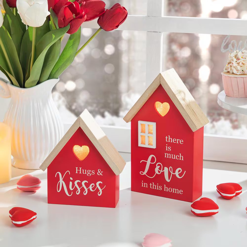 8.50 In. H Valentine'S Lighted Wooden House-Shaped Table Decor(Set of 2)