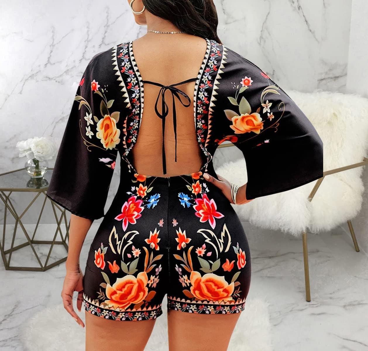 Women'S Sexy Short Rompers V Neck Backless Jumpsuit Floral Print Loose Half Sleeve Bodysuit One Piece Outfit