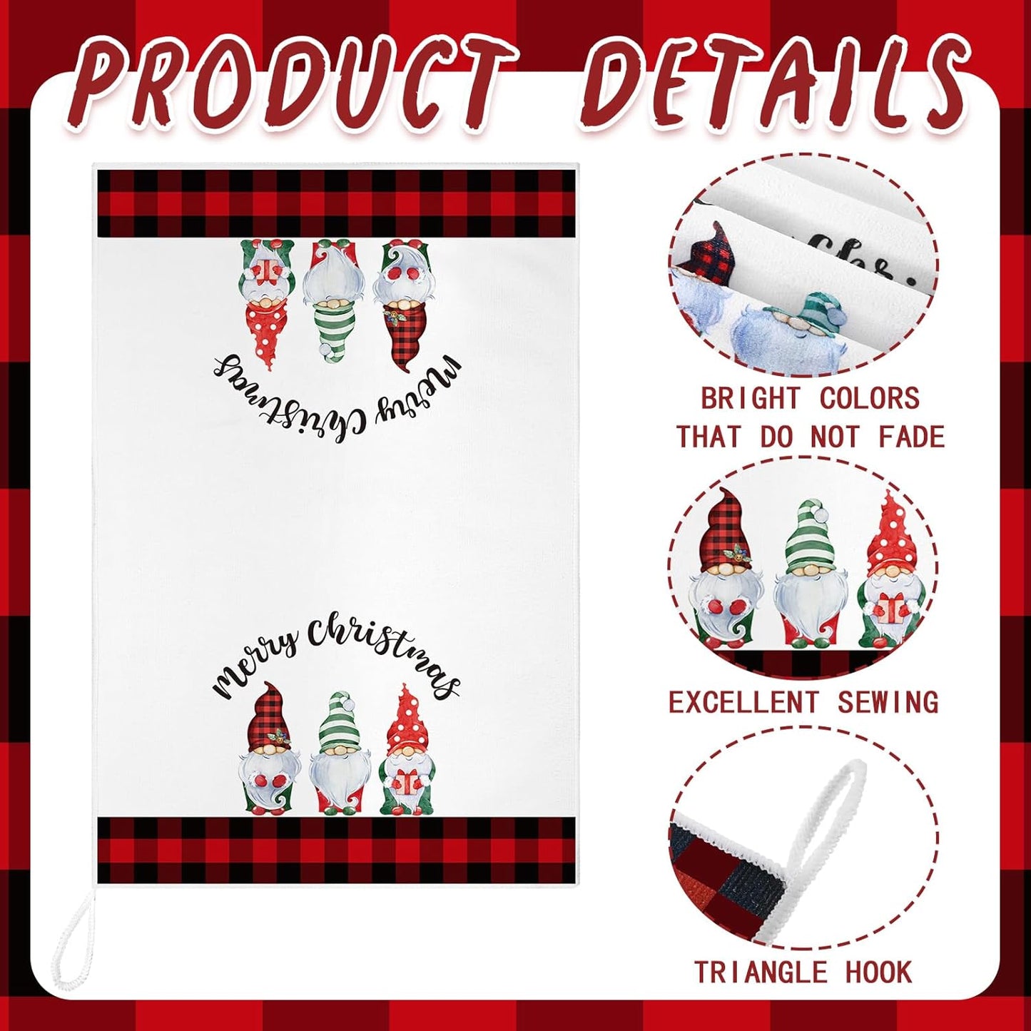 4 Pcs Christmas Kitchen Towels Christmas Hand Towels Dish Towels Xmas Tree Elk Towels Winter Holiday Absorbent Buffalo Plaid Tea Towels for Housewarming Gifts(Red and Black,Elk, Gnome)