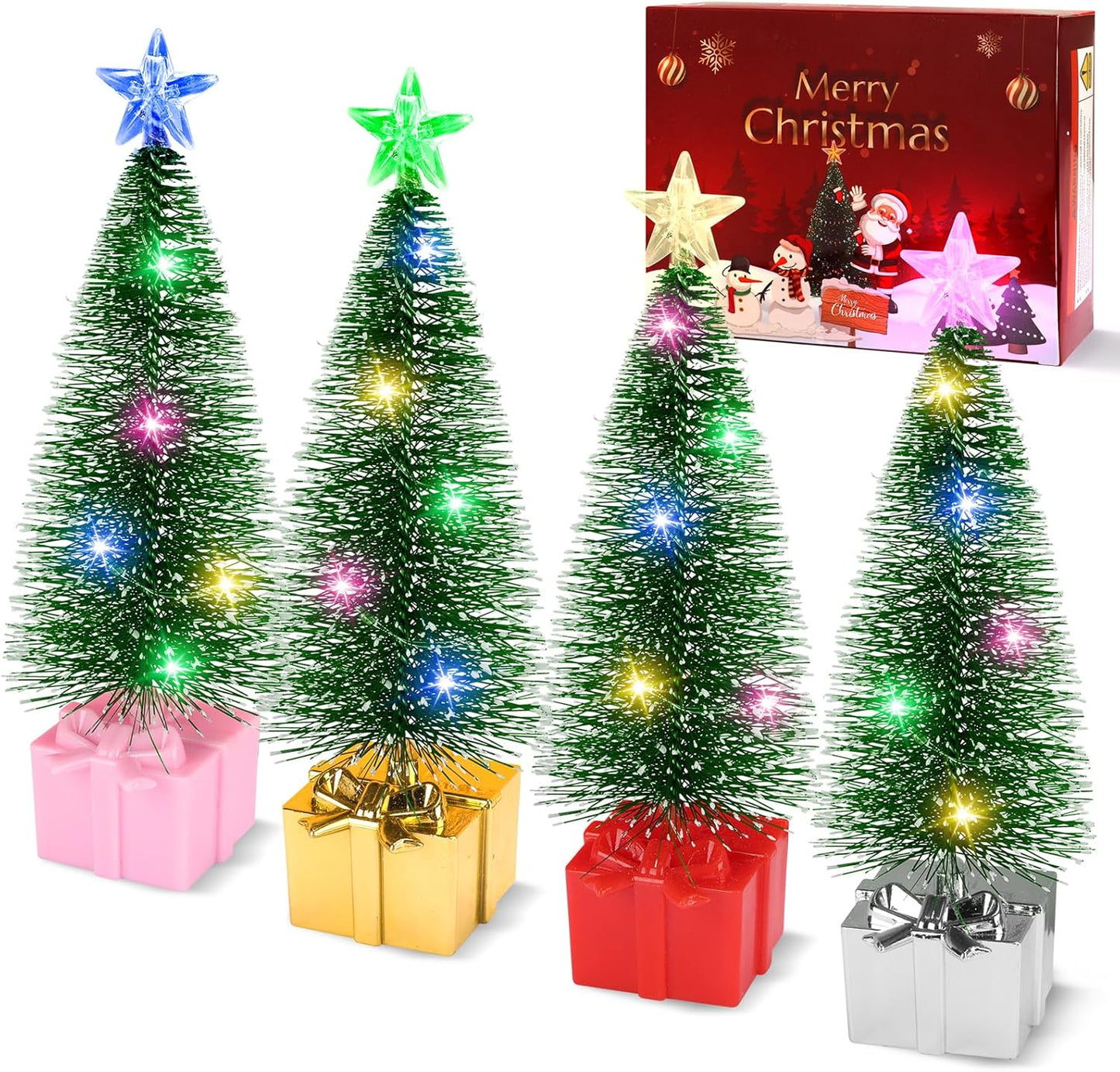 Mini Christmas Tree with Lights, 4 Pack Tabletop Christmas Tree with LED Lights for Indoor Christmas Decorations Holiday Party Ornagment, Christmas Centerpieces for Tables (4)