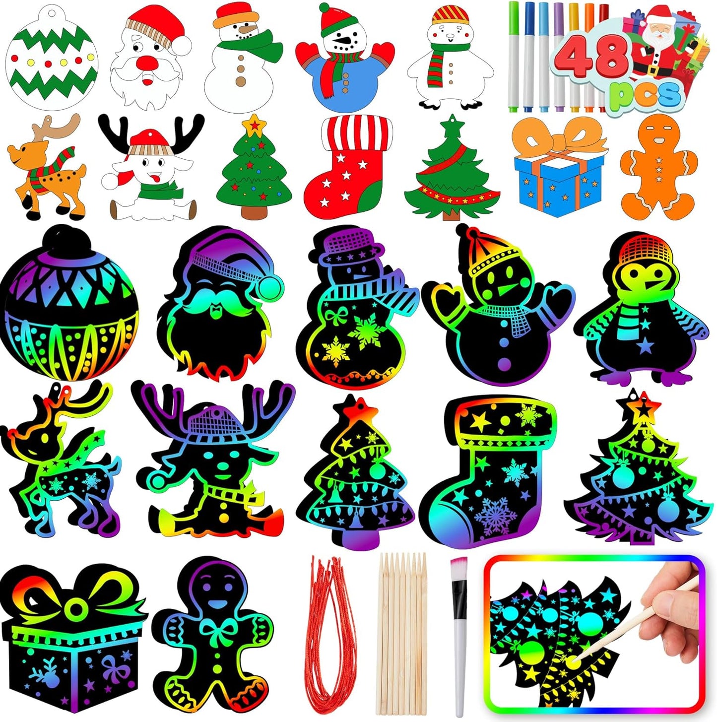 72 Pcs Christmas Scratch Art Ornaments, Rainbow Color Scratch Paper Craft Kit Include Snowman, Christmas Tree, and Reindeer, Scratch off Hanging Ornament for Kids Party Favor