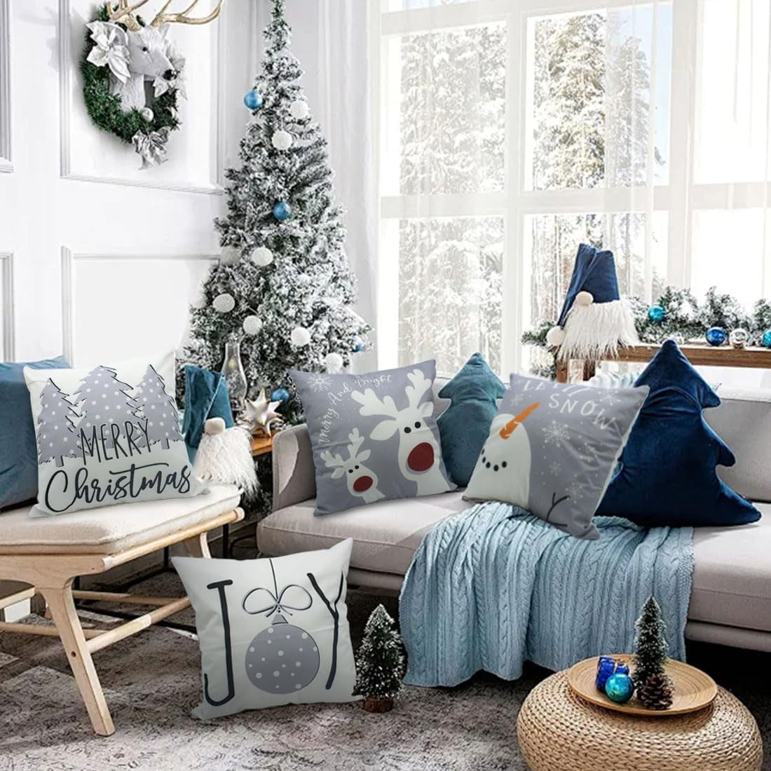 Christmas Pillow Covers 18X18 Set of 4 Christmas Decorations Snowman Deer Christmas Tree Winter Holiday Decor Throw Cushion Case for Home Couch