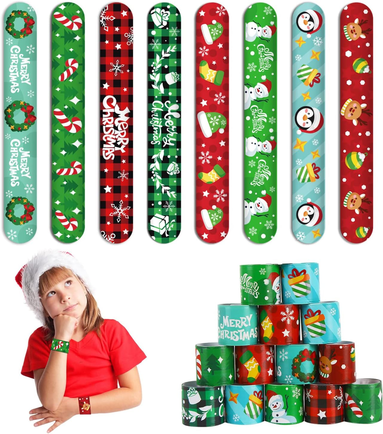 48Pcs Christmas Slap Bracelets,Xmas Slap Wristbands Assorted Christmas Theme Pattern Snap Wristbands for Kids Christmas Party Favors Gift Bag Filler