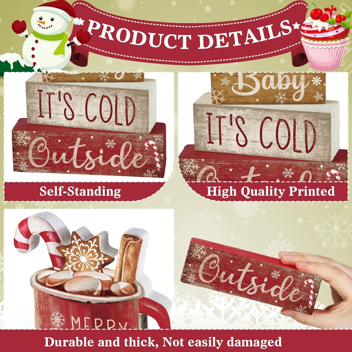 4 Pcs Wooden Christmas Tabletop Decor Christmas Cocoa Tiered Tray Decor Rustic Wood Hot Cocoa Block Sign Gift Merry Christmas Centerpiece Farmhouse Christmas Table Decor (Cocoa)